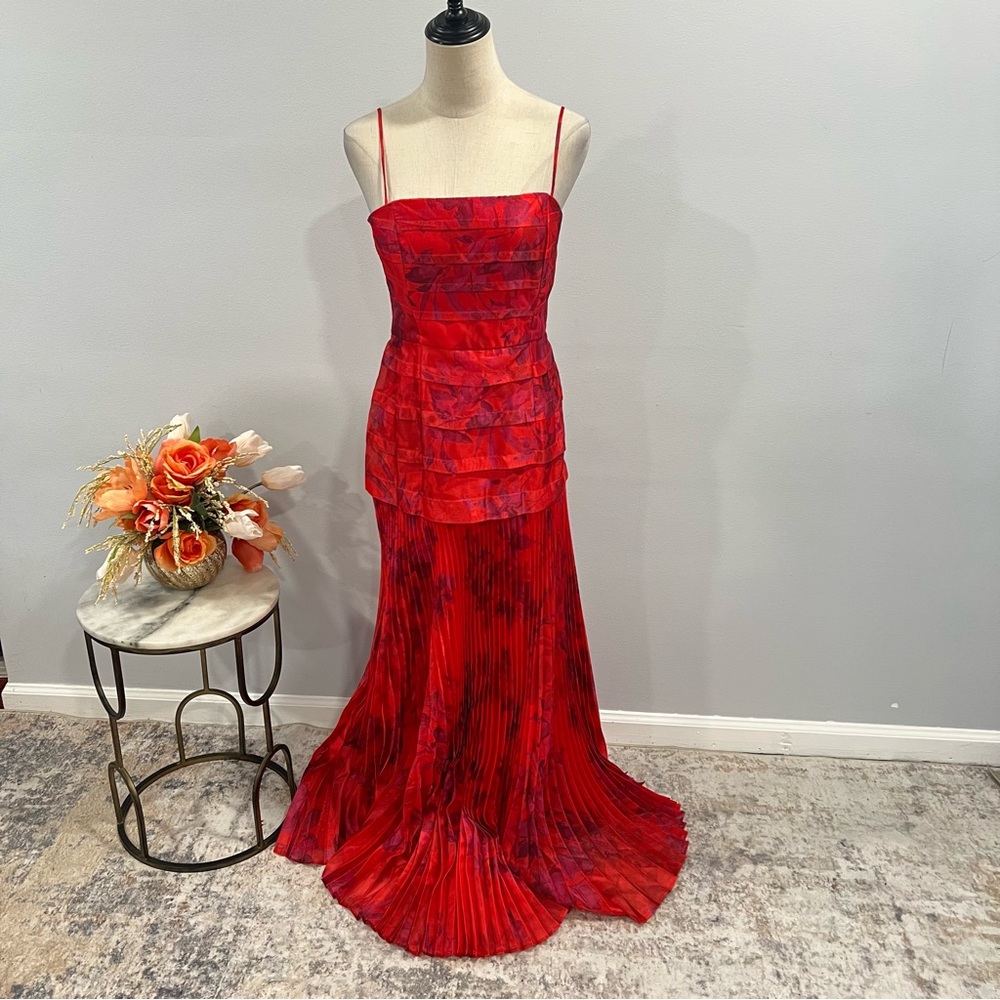 Taylor Red / Pink Multi Spaghetti Straps Pleated Maxi Mermaid Gown - Reemoly
